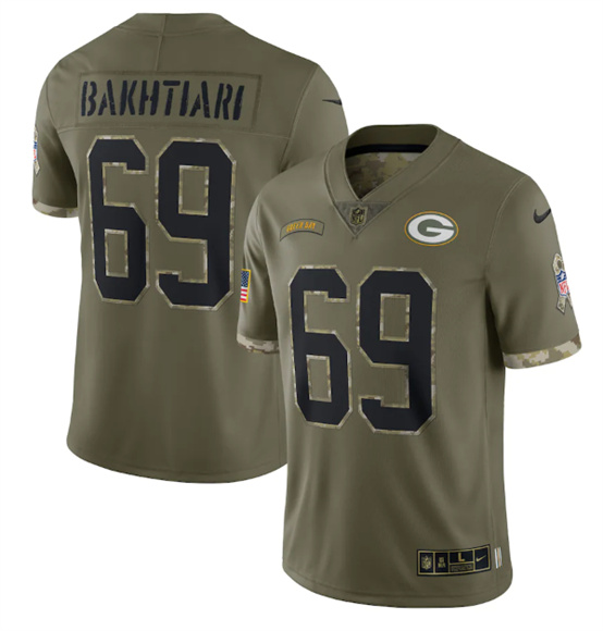 Men's Green Bay Packers #69 David Bakhtiari 2022 Olive Salute To Service Limited Stitched Jersey - SUjersey01