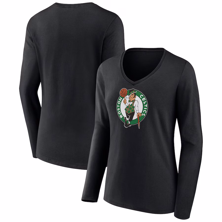 Women's Boston Celtics Black Primary Logo Long Sleeve V-Neck T-Shirt - SUjersey01