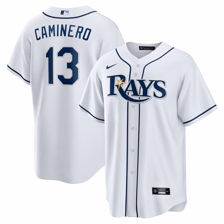 Men's Tampa Bay Rays Junior Caminero Nike White Home Replica Player Jersey - SUjersey01