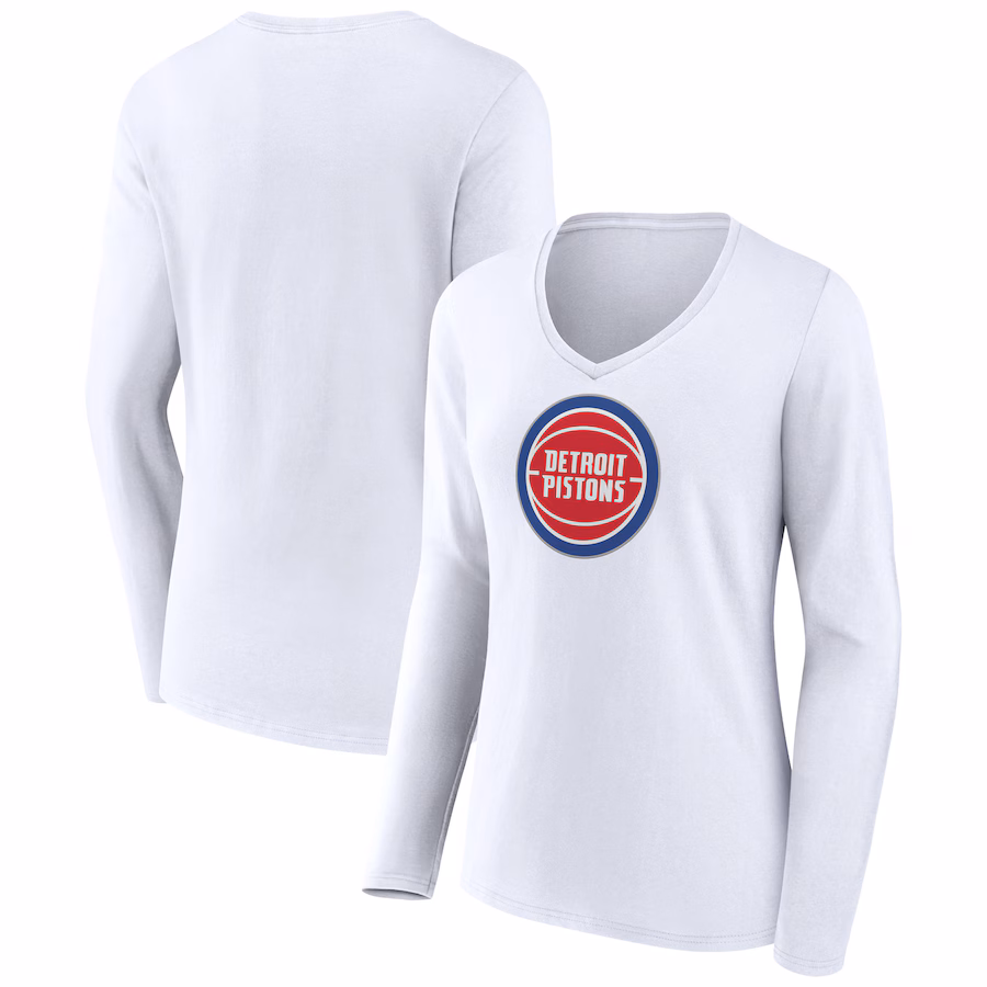 Women's Detroit Pistons White Logo Long Sleeve V-Neck T-Shirt - SUjersey01