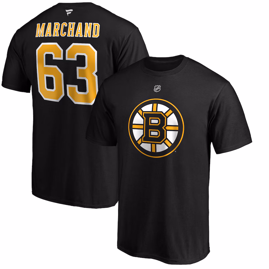 Men's Boston Bruins Brad Marchand Fanatics Black Team Authentic Stack Name & Number T-Shirt - SUjersey01