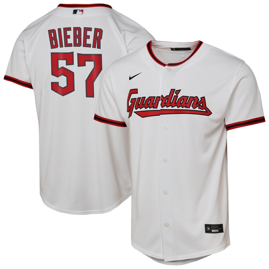 Youth Cleveland Guardians Shane Bieber Nike White Home Replica Player Jersey - SUjersey01