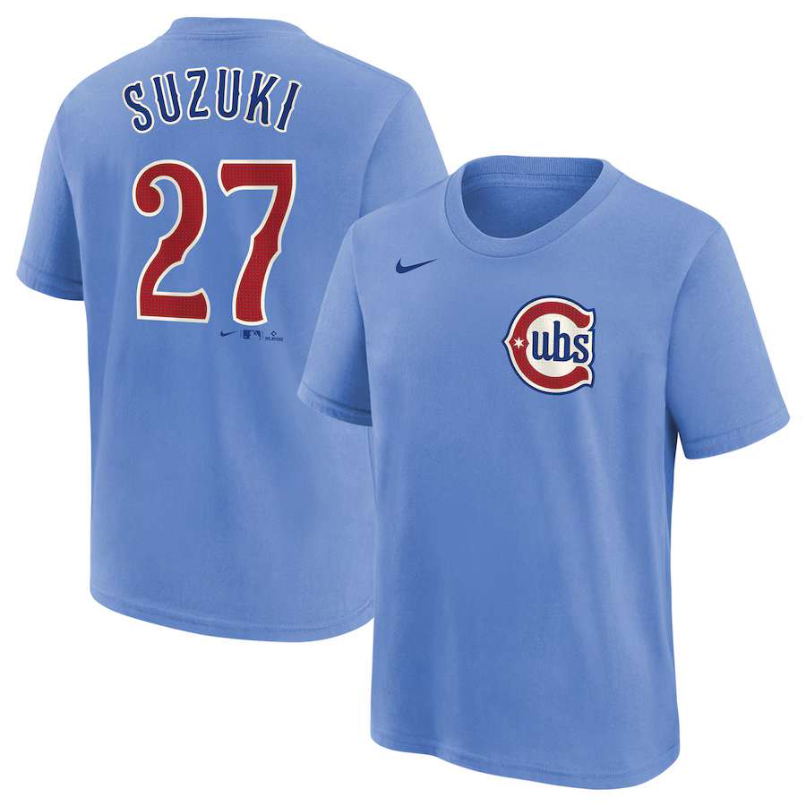 Youth Chicago Cubs Seiya Suzuki Nike Baby Blue Player Name & Number T-Shirt - SUjersey01