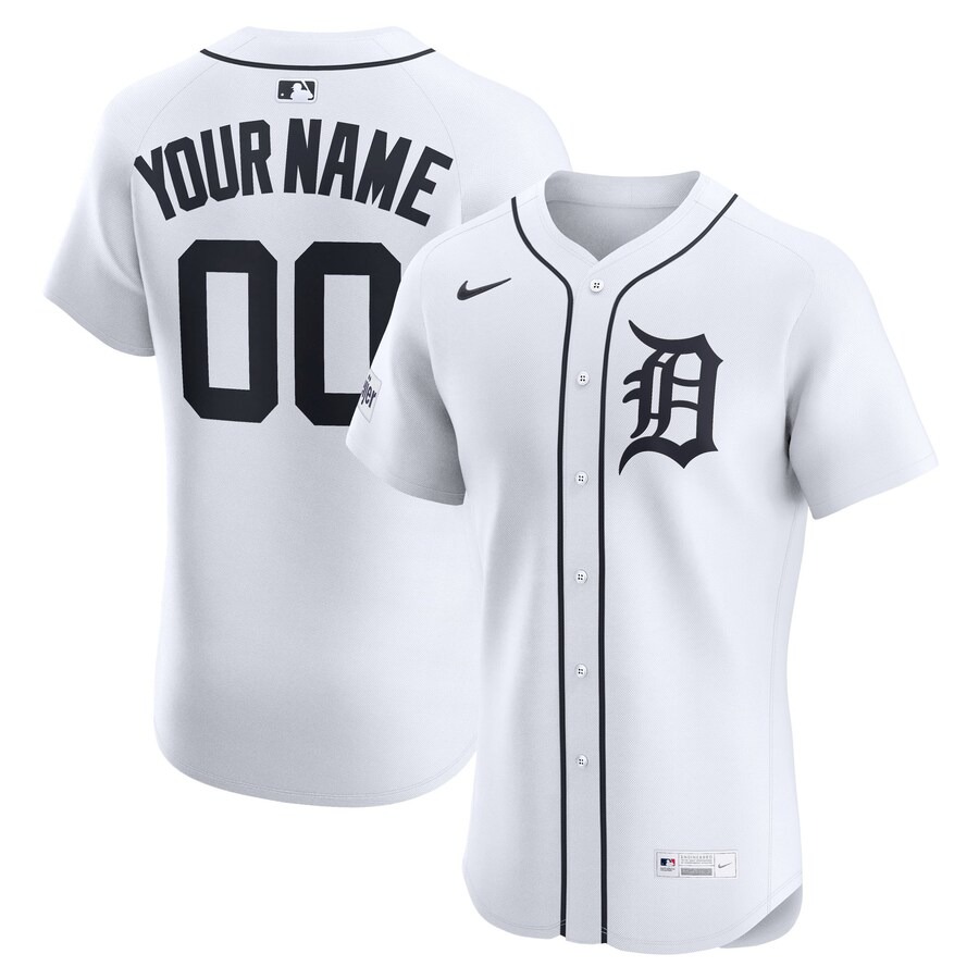 Men's Detroit Tigers Nike White Home Elite Sponsor Patch Custom Jersey - SUjersey01