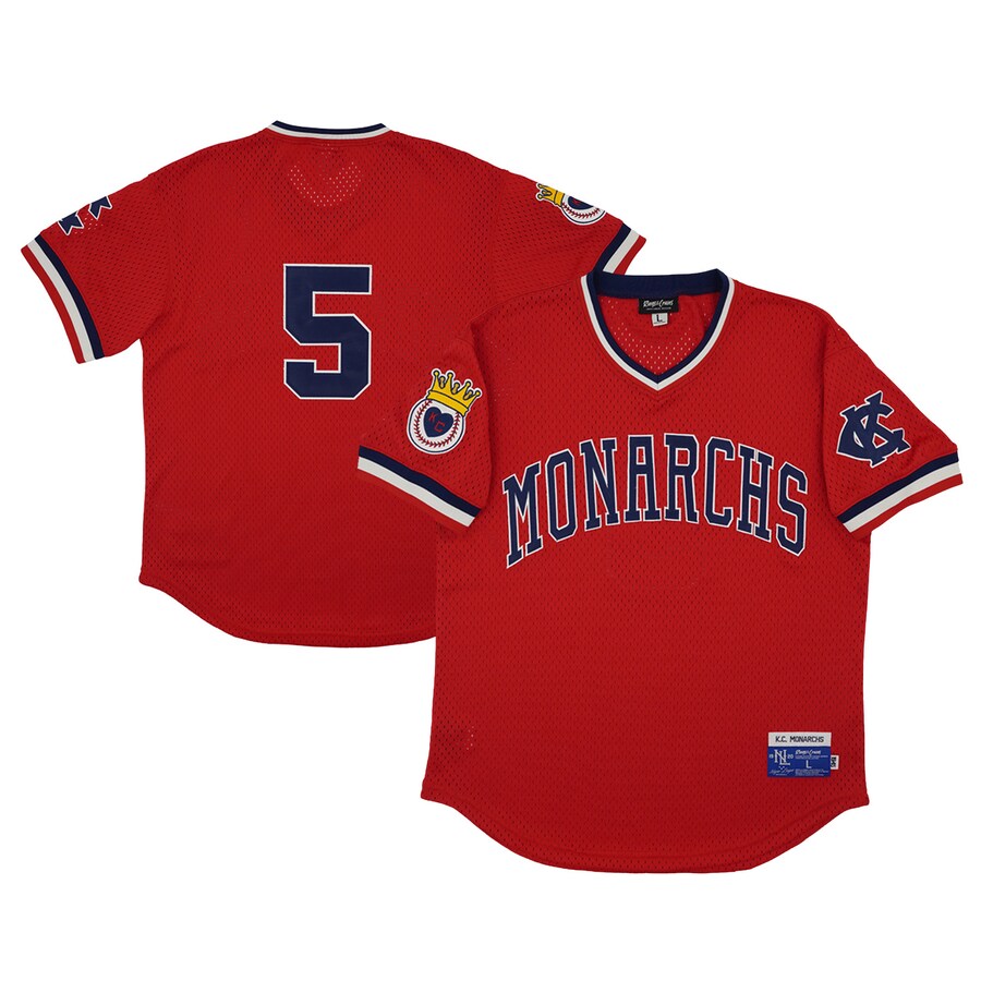 Men's Kansas City Monarchs #5 Rings & Crwns Red Mesh Replica V-Neck Jersey - SUjersey01