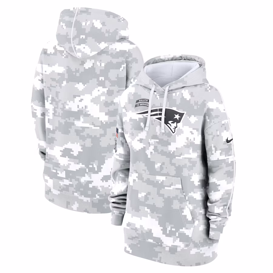 Women's New England Patriots Nike Arctic Camo 2024 Salute To Service Club Fleece Pullover Hoodie - SUjersey01