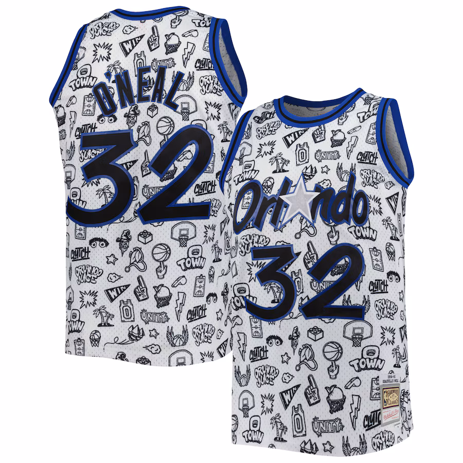 Men's Orlando Magic Shaquille O'Neal Mitchell & Ness White 1994/95 Hardwood Classics Doodle Swingman Jersey - SUjersey01