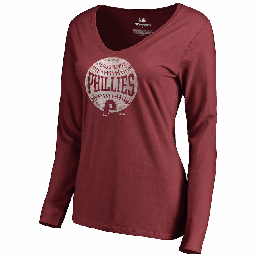 Women's Philadelphia Phillies Maroon Cooperstown Collection Slider Long Sleeve V-Neck T-Shirt - SUjersey01