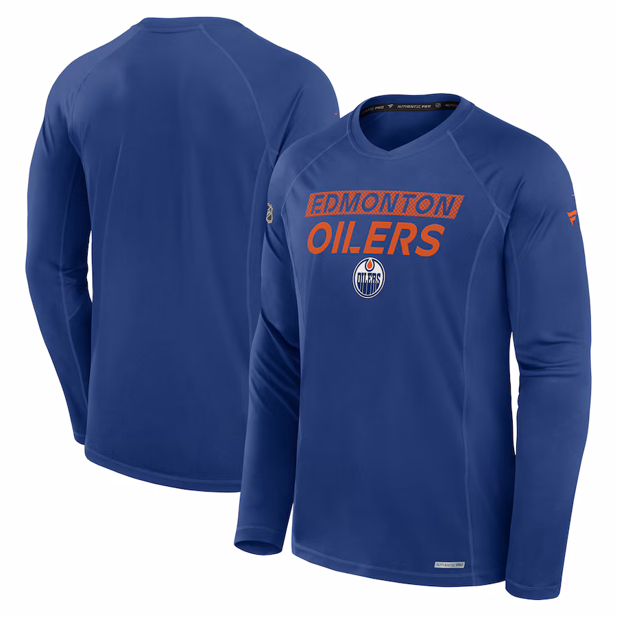 Men's Edmonton Oilers Fanatics Blue Authentic Pro Rink Tech Long Sleeve T-Shirt - SUjersey01
