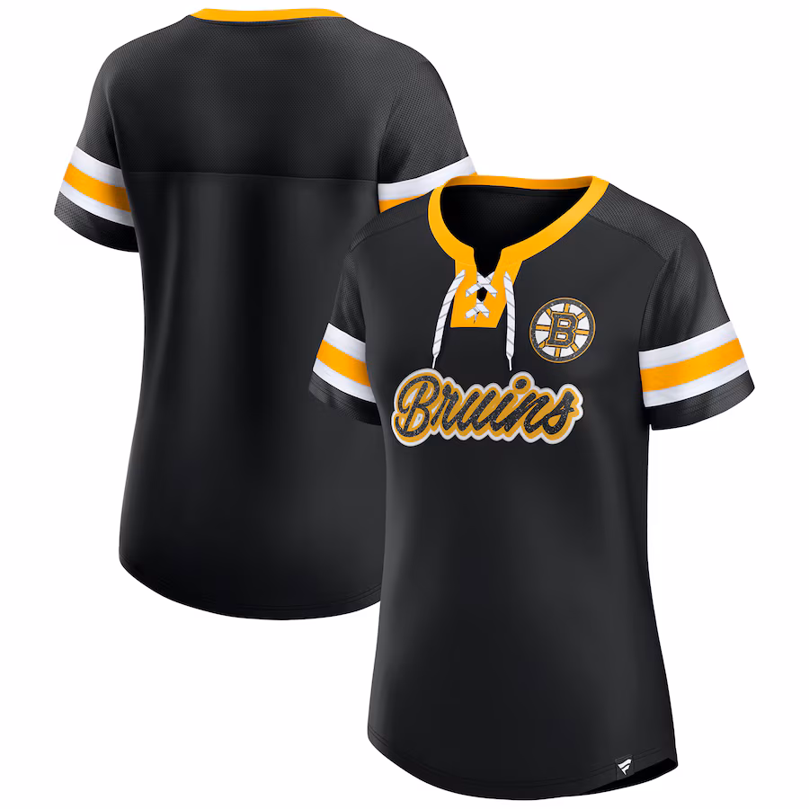 Women's Boston Bruins Fanatics Black Iconic Athena Lace-Up T-Shirt - SUjersey01