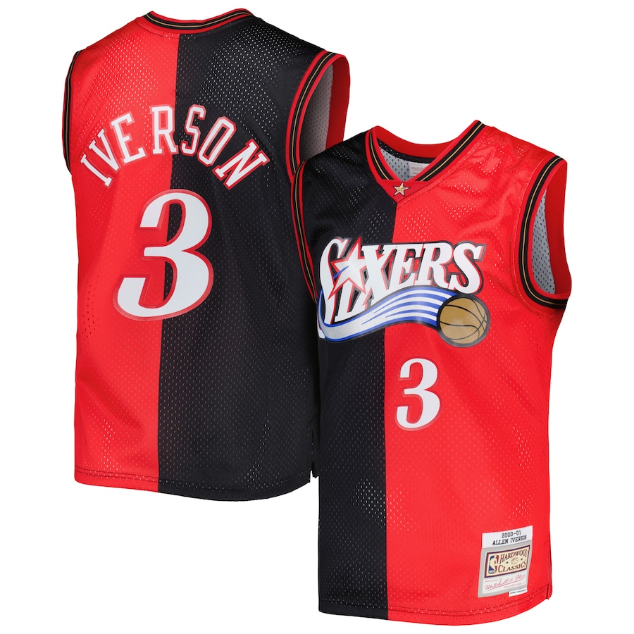 Men's Philadelphia 76ers Allen Iverson Mitchell & Ness Black/Red Hardwood Classics 2000/01 Split Swingman Jersey - SUjersey01