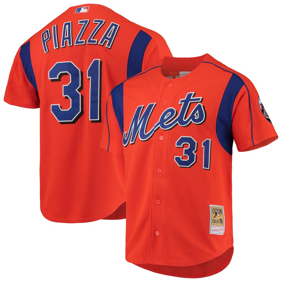 Men's New York Mets Mike Piazza Mitchell & Ness Orange Cooperstown Collection Mesh Batting Practice Button-Up Jersey - SUjersey01