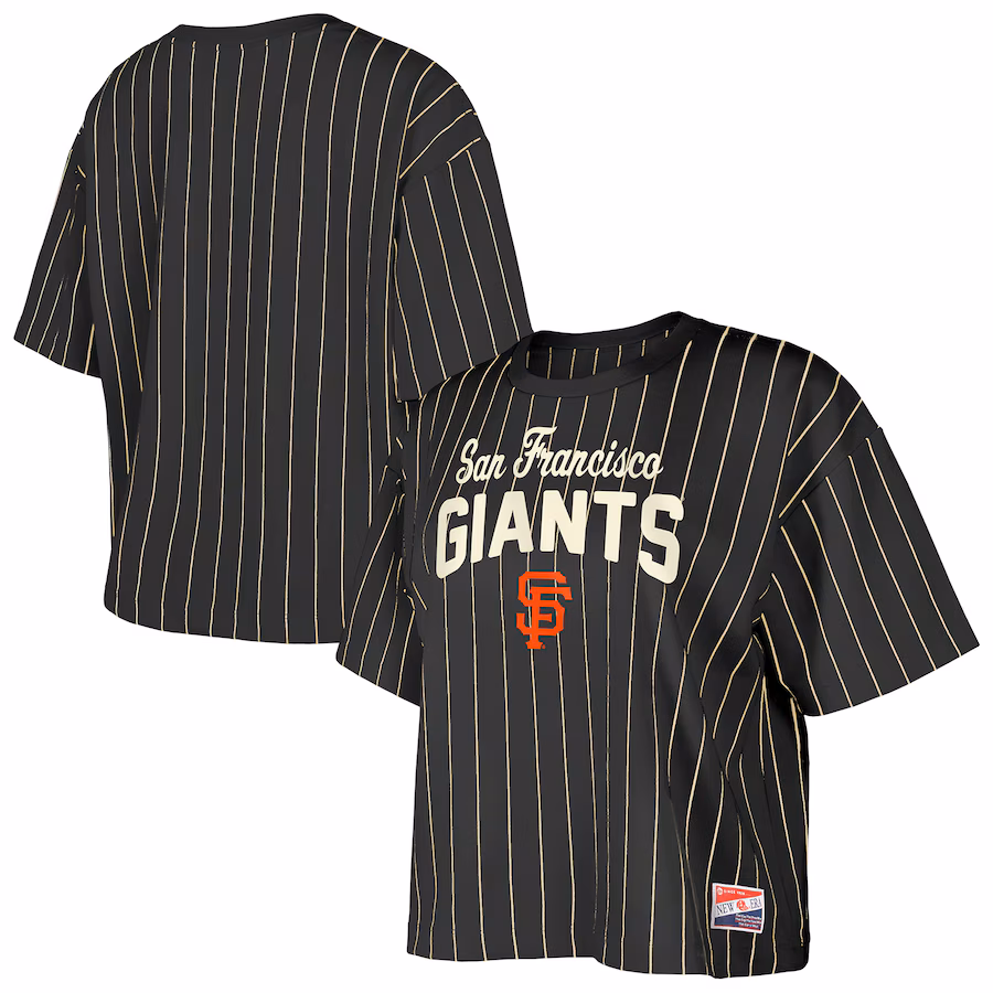 Women's San Francisco Giants New Era Black Cooperstown Collection Multiplier Pinstripe Cropped T-Shirt - SUjersey01