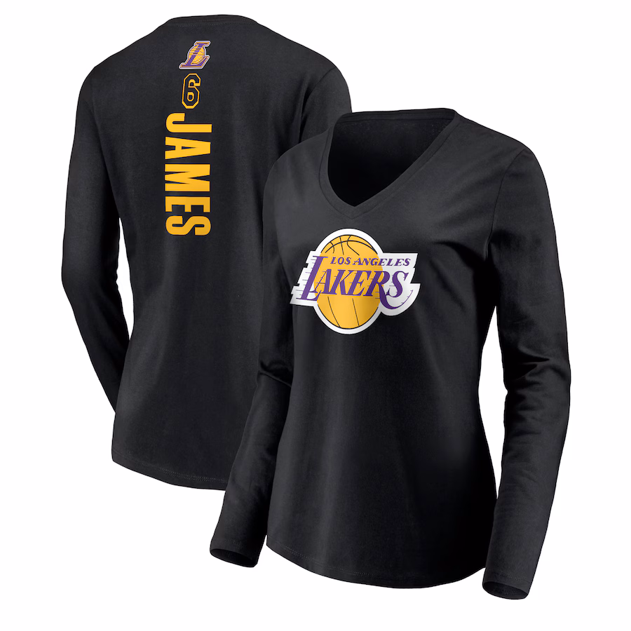 Women's Los Angeles Lakers LeBron James Black #6 Playmaker Name & Number Long Sleeve V-Neck T-Shirt - SUjersey01