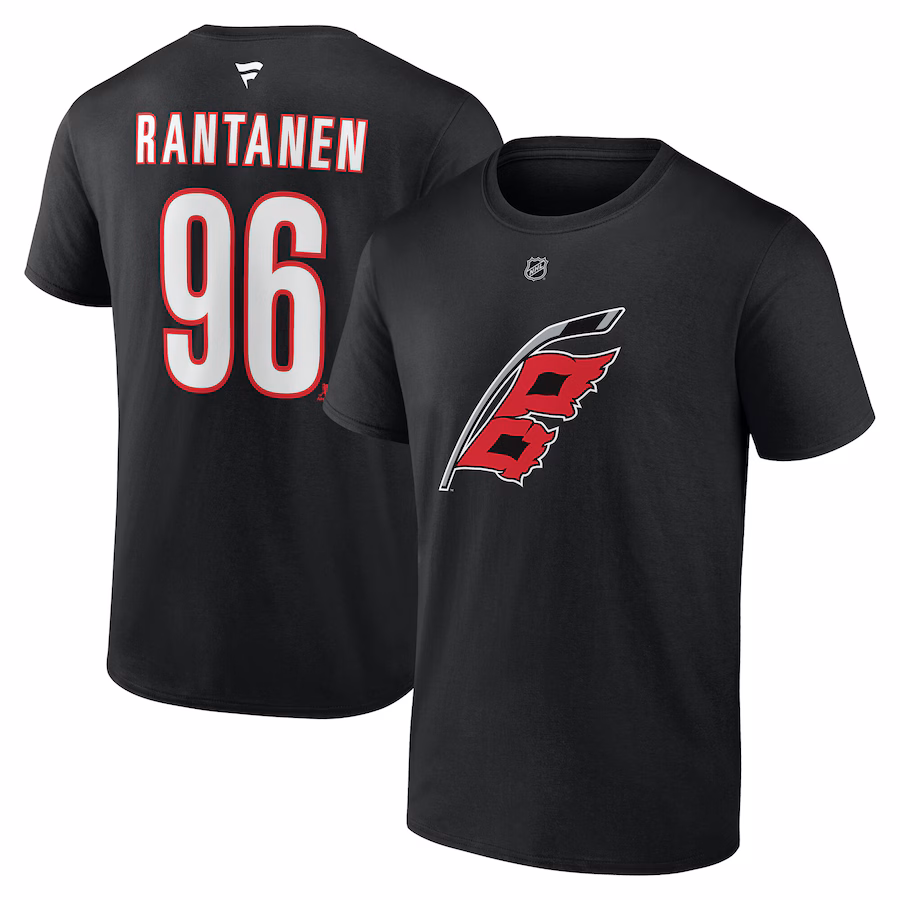 Men's Carolina Hurricanes Mikko Rantanen Fanatics Black Authentic Stack Name & Number T-Shirt - SUjersey01