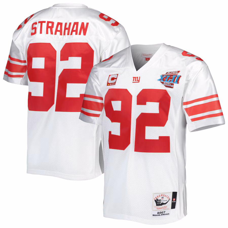 Men's New York Giants 2007 Michael Strahan Mitchell & Ness White Authentic Throwback Retired Player Jersey - SUjersey01