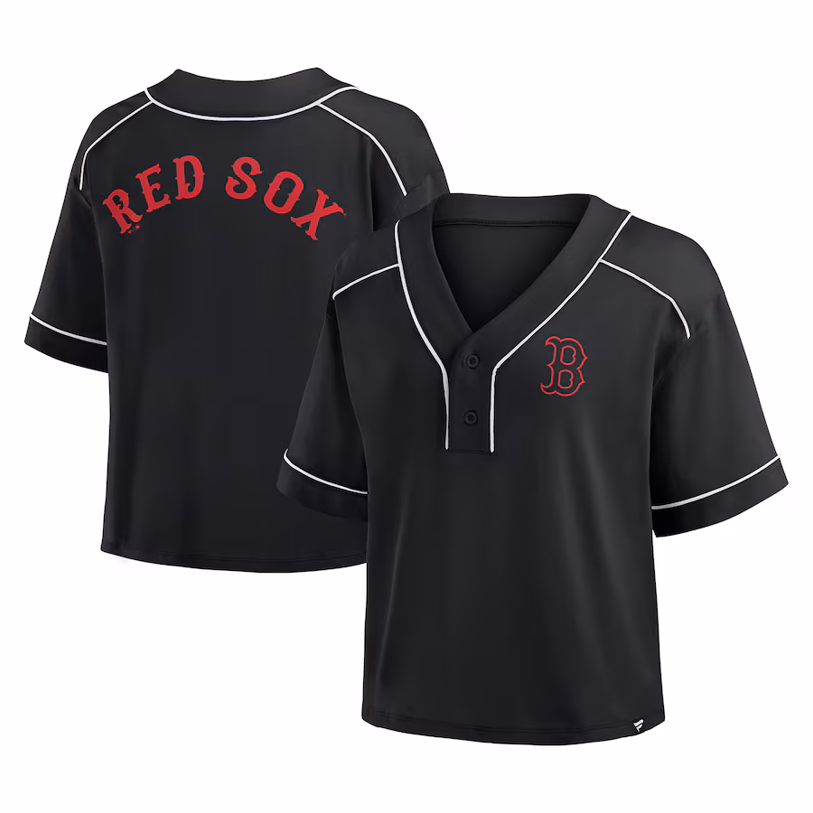Women's Boston Red Sox Fanatics Black Oversized Champ Game Cropped V-Neck T-Shirt - SUjersey01