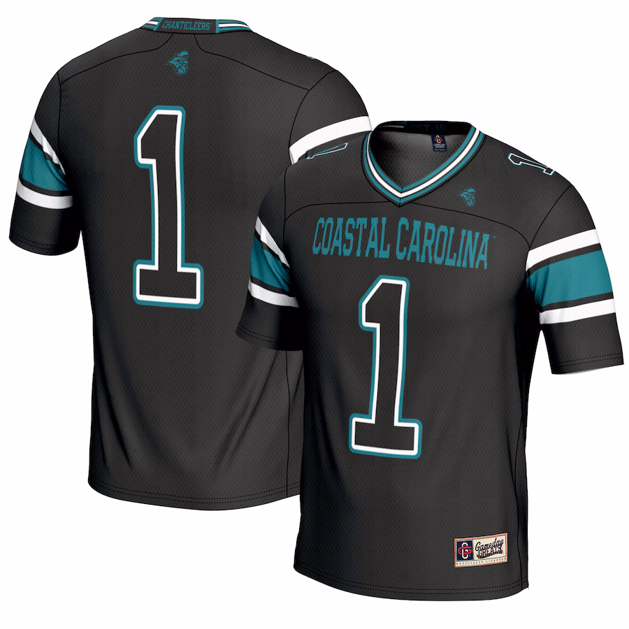 Men's GameDay Greats #1 Black Coastal Carolina Chanticleers Endzone Football Jersey - SUjersey01
