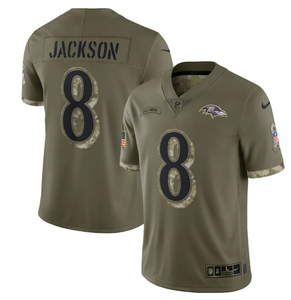 Men's Baltimore Ravens #8 Lamar Jackson 2022 Olive Salute To Service Limited Stitched Jersey - SUjersey01