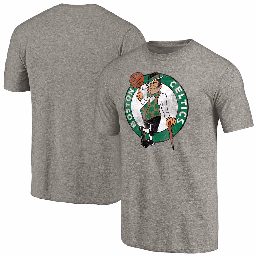 Men's Boston Celtics Heathered Gray Distressed Team Logo 2 Tri-Blend V-Neck T-Shirt - SUjersey01