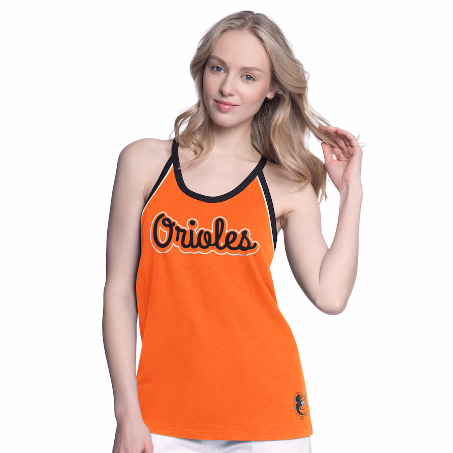 Women's Baltimore Orioles G-III 4Her by Carl Banks Orange Curveball Racerback Tank Top - SUjersey01