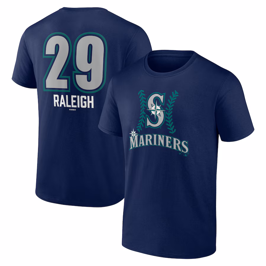 Men's Seattle Mariners Cal Raleigh Navy Name & Number Fastball T-Shirt - SUjersey01