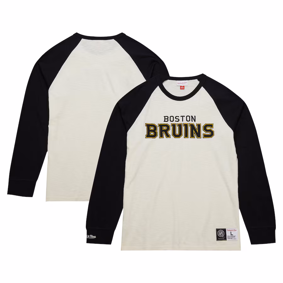 Men's Boston Bruins Mitchell & Ness Cream Legendary Slub Vintage Raglan Long Sleeve T-Shirt - SUjersey01