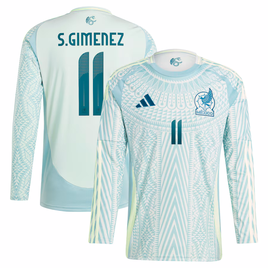 Men's Mexico National Team Santiago Giménez adidas Green 2024 Away Replica Player Long Sleeve Jersey - SUjersey01