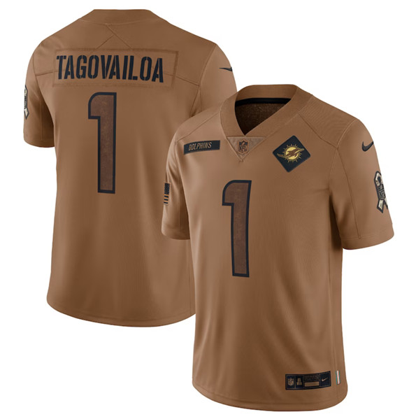 Men's Miami Dolphins #1 Tua Tagovailoa 2023 Brown Salute To Service Limited Football Stitched Jersey - SUjersey01