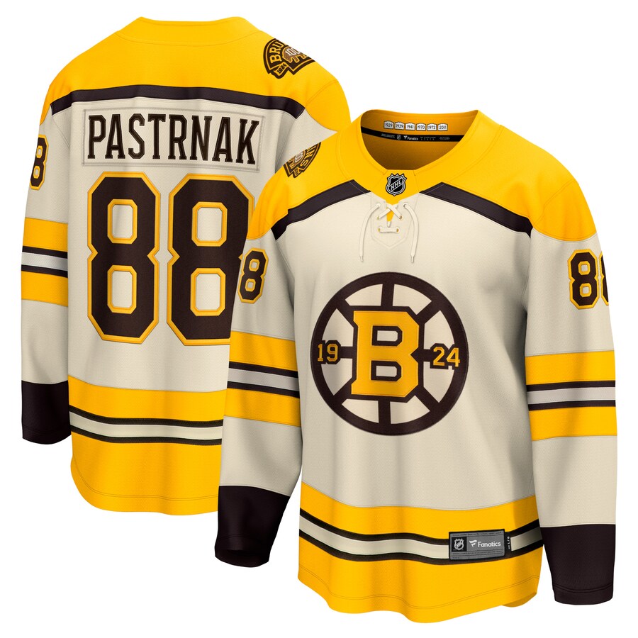 Men's Boston Bruins David Pastrnak Fanatics Branded Cream 100th Anniversary Premier Breakaway Player Jersey - SUjersey01
