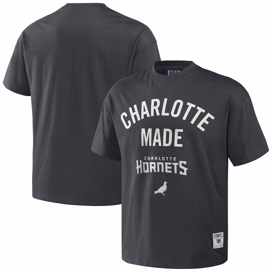 Men's Charlotte Hornets NBA x Staple Anthracite Heavyweight Oversized T-Shirt - SUjersey01