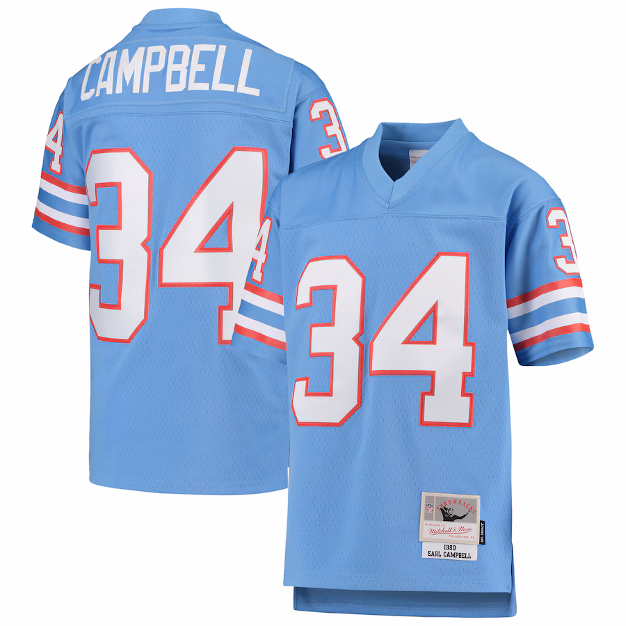 Youth Houston Oilers Earl Campbell Mitchell & Ness Light Blue 1980 Gridiron Classic Legacy Retired Player Jersey - SUjersey01