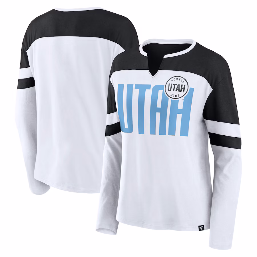 Women's Utah Hockey Club Fanatics White/Black Frozen Notch Neck Long Sleeve T-Shirt - SUjersey01