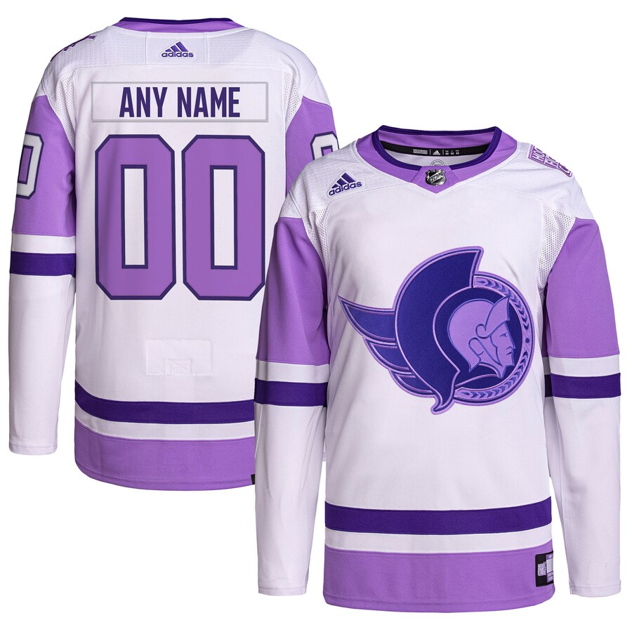 Men's Ottawa Senators adidas White/Purple Hockey Fights Cancer Primegreen Authentic Custom Jersey - SUjersey01