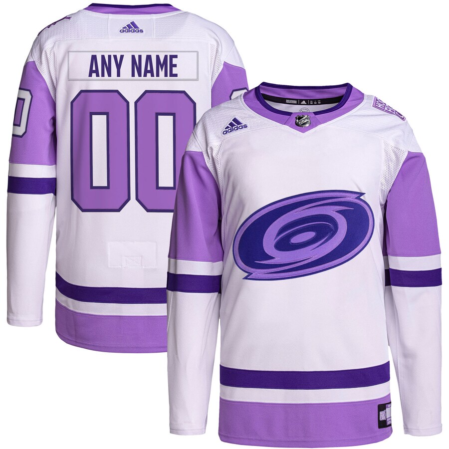 Men's Carolina Hurricanes adidas White/Purple Hockey Fights Cancer Primegreen Authentic Custom Jersey - SUjersey01
