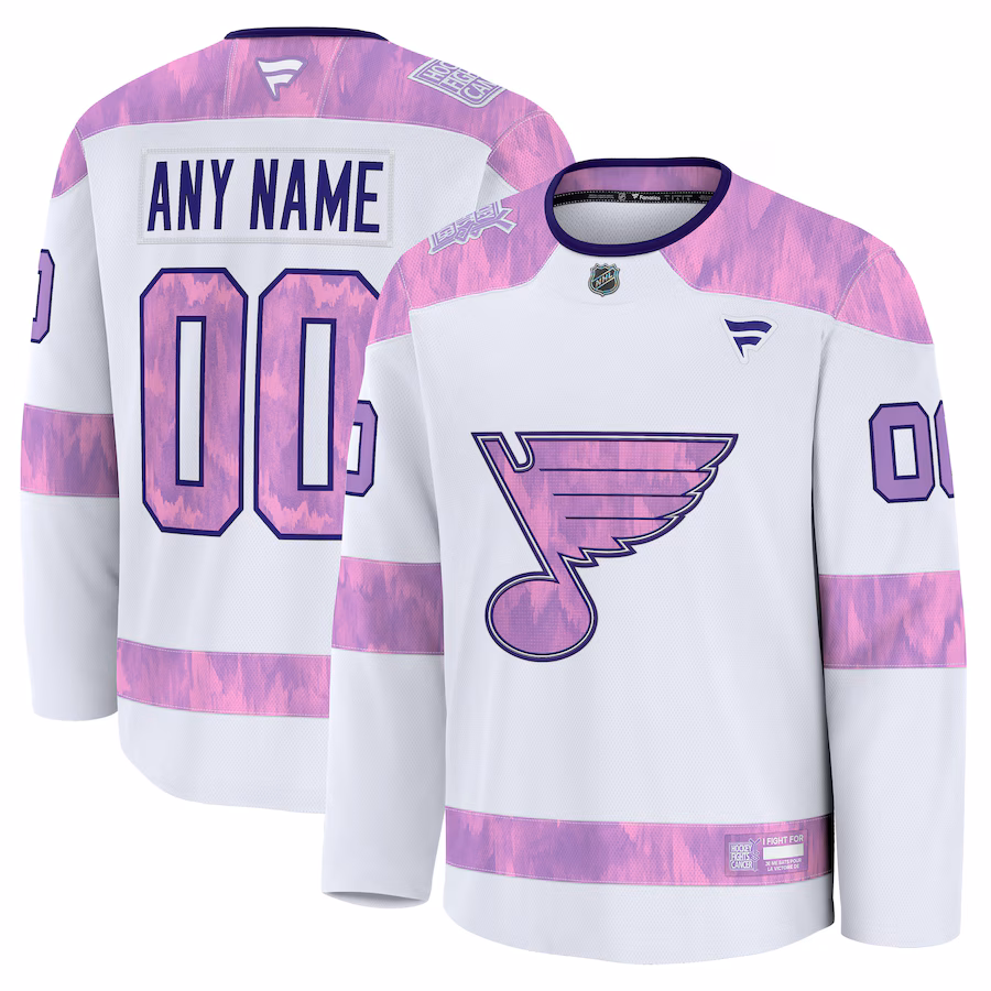 Men's St. Louis Blues Fanatics White 2024 Hockey Fights Cancer Custom Practice Jersey - SUjersey01