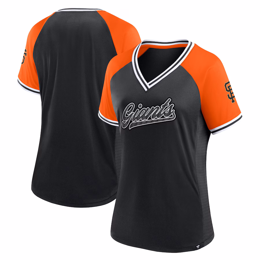 Women's San Francisco Giants Fanatics Black Glitz & Glam League Diva Raglan V-Neck T-Shirt - SUjersey01