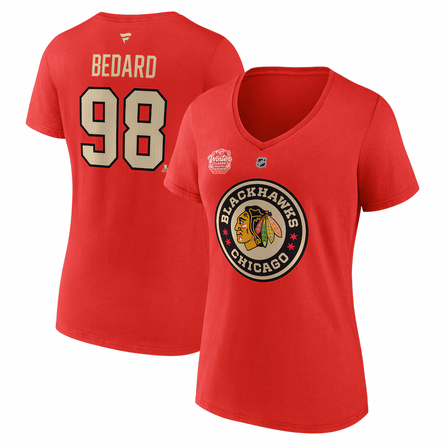 Women's Chicago Blackhawks Connor Bedard Fanatics Red 2025 NHL Winter Classic Authentic Stack Name & Number V-Neck T-Shirt - SUjersey01