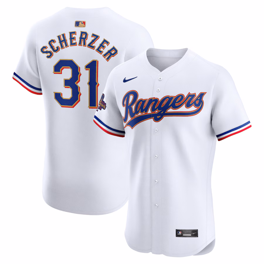 Men's Texas Rangers Max Scherzer Nike White 2024 Gold Collection Elite Player Jersey - SUjersey01