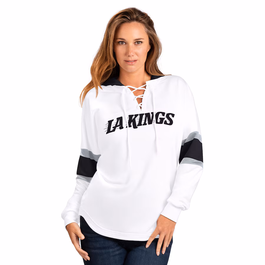 Women's Los Angeles Kings G-III 4Her by Carl Banks White Goal Zone Long Sleeve Lace-Up Hoodie T-Shirt - SUjersey01