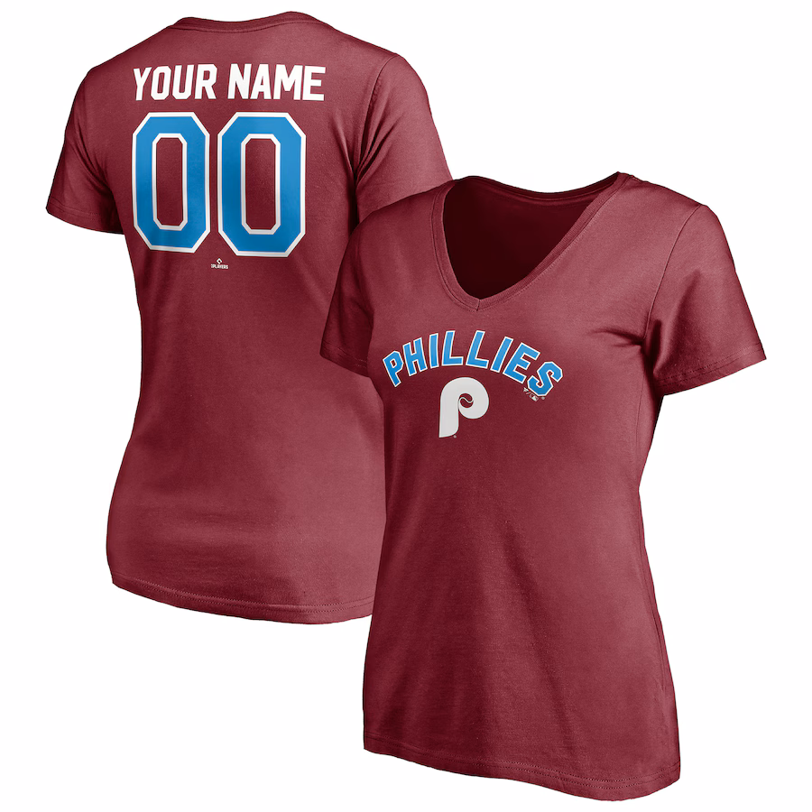 Women's Philadelphia Phillies Burgundy Cooperstown Winning Streak Alternate Personalized Name & Number V-Neck T-Shirt - SUjersey01