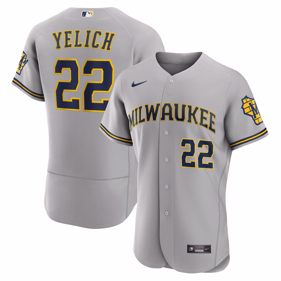 Men's Milwaukee Brewers Christian Yelich Nike Gray Road Authentic Player Logo Jersey - SUjersey01