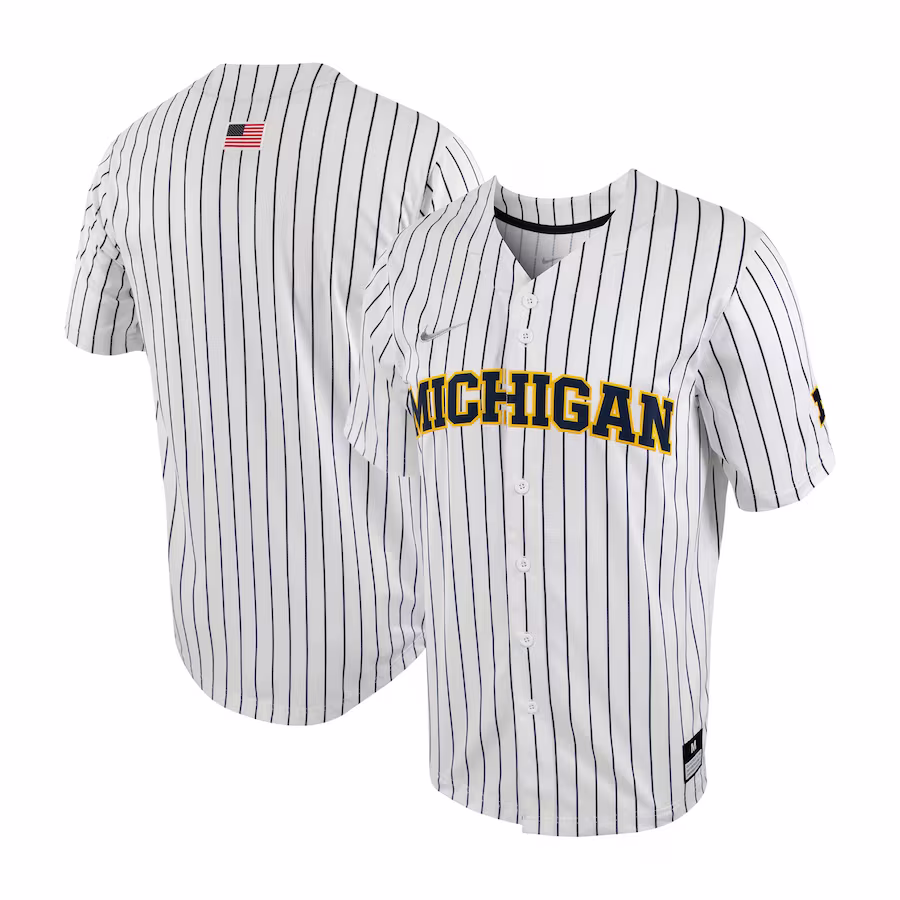 Michigan Wolverines Nike Pinstripe Replica Full-Button Baseball Jersey - White/Navy - SUjersey01
