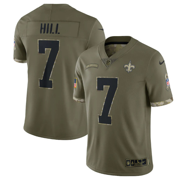 Men's New Orleans Saints #7 Taysom Hill 2022 Olive Salute To Service Limited Stitched Jersey - SUjersey01