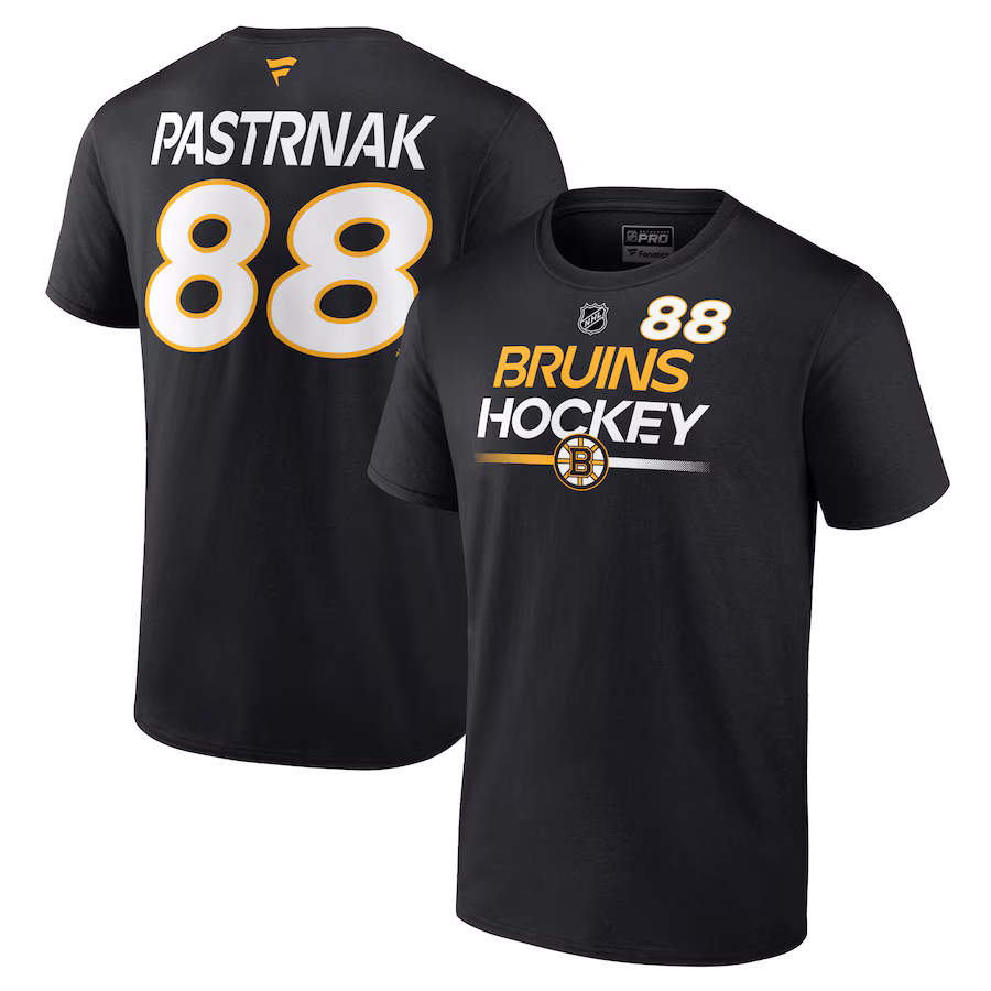 Men's Boston Bruins David Pastrnak Fanatics Black Authentic Pro Prime Name & Number T-Shirt - SUjersey01