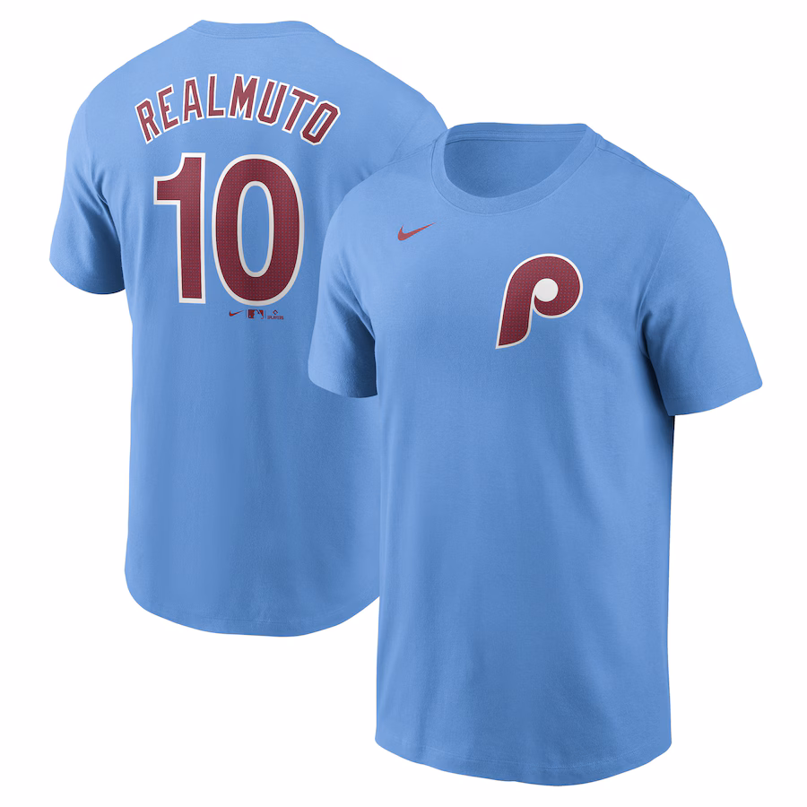 Men's Philadelphia Phillies J.T. Realmuto Nike Light Blue Fuse Name & Number T-Shirt - SUjersey01