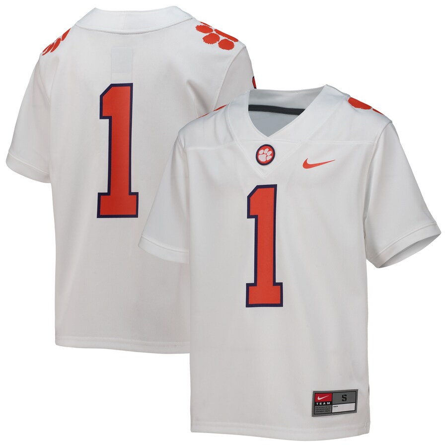 Youth Nike #1 White Clemson Tigers Replica Football Jersey - SUjersey01