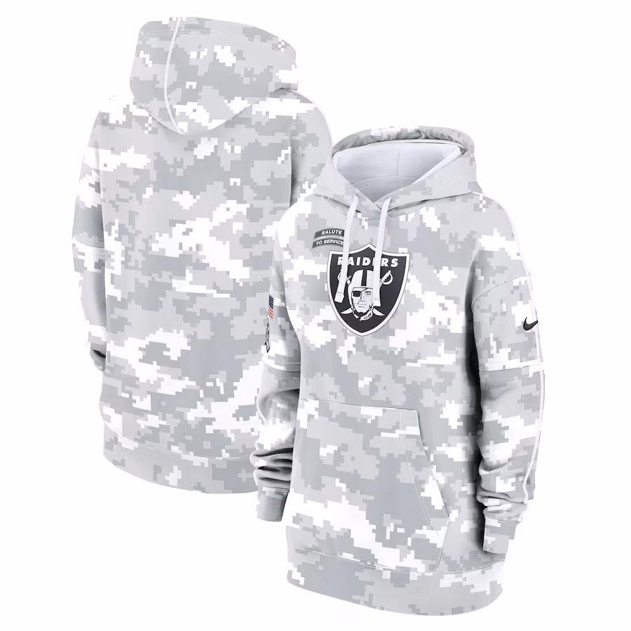 Women's Las Vegas Raiders Nike Arctic Camo 2024 Salute To Service Club Fleece Pullover Hoodie - SUjersey01