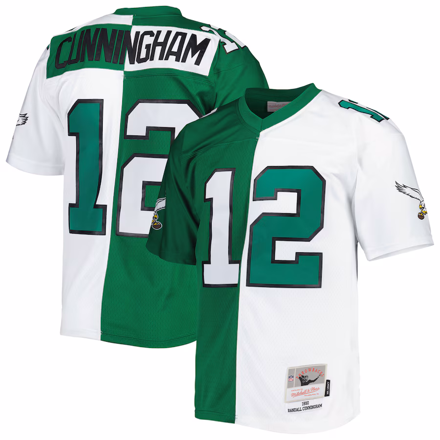 Men's Philadelphia Eagles Randall Cunningham Mitchell & Ness Kelly Green/White 1990 Split Legacy Replica Jersey - SUjersey01
