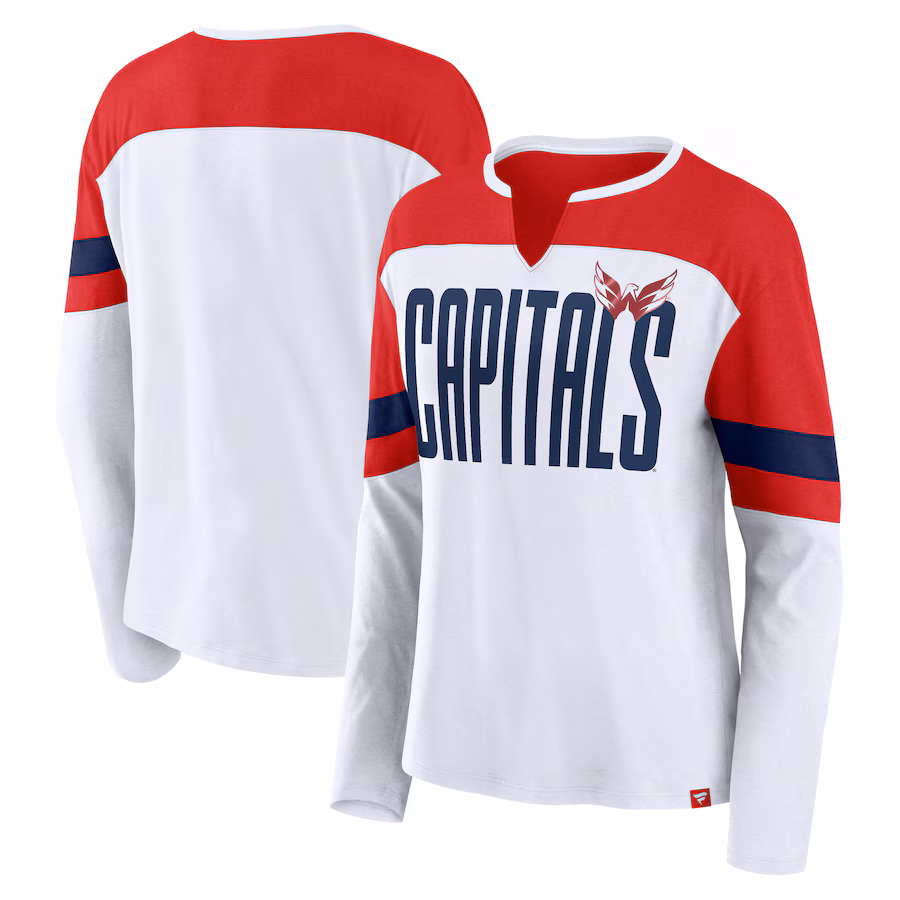 Women's Washington Capitals Fanatics White/Red Frozen Long Sleeve Notch Neck T-Shirt - SUjersey01